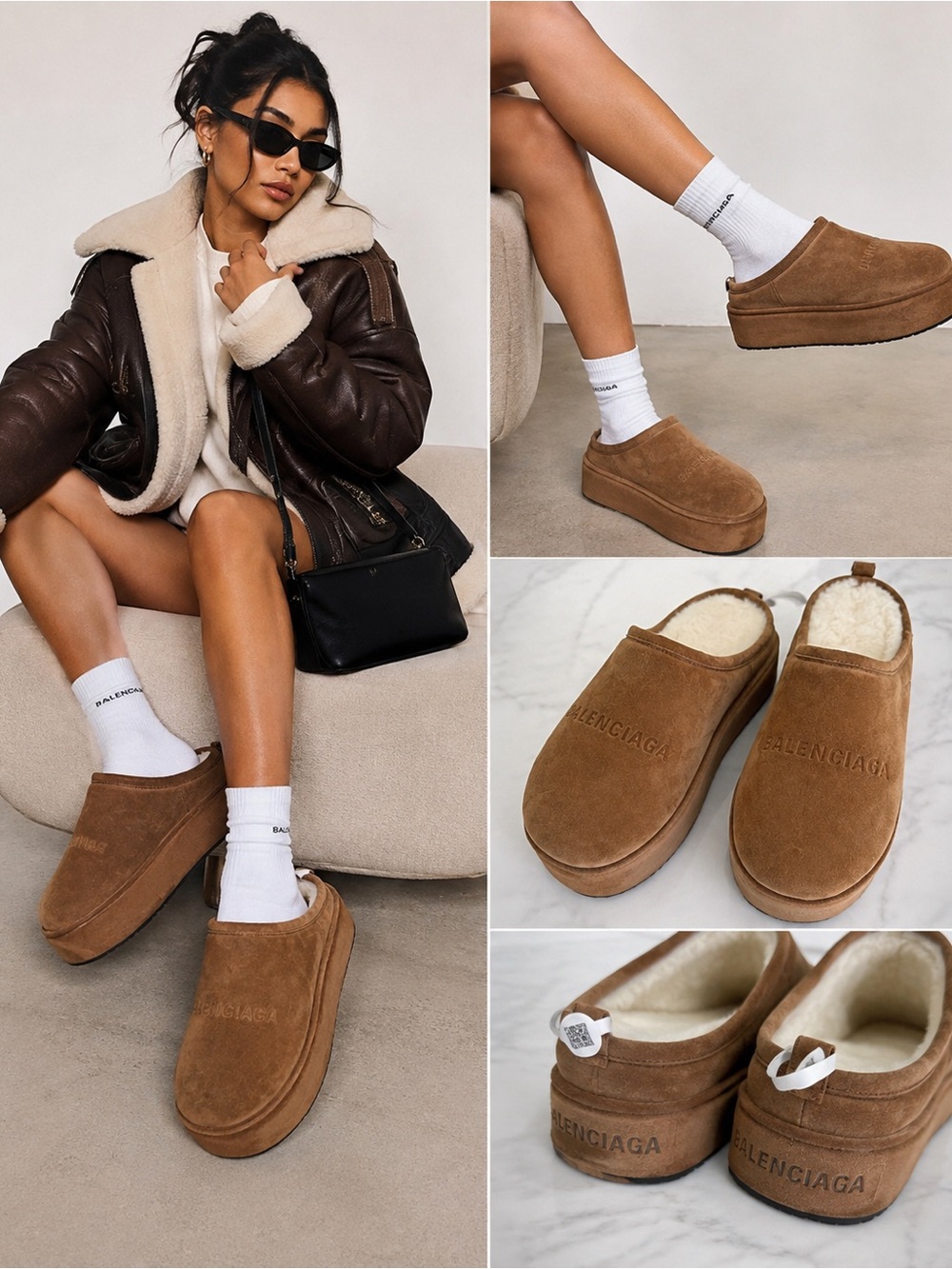 Balenciaga Alaska Platform Slides Brown White Shearling Sz 41